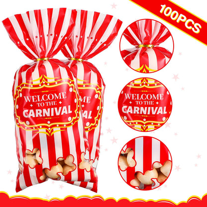 Epakh 200 Packs Carnival Candy Bags Circus-themed Plastic Party Treat Bags with Popcorn Pattern and Gold Twisted Ties for Carnival Birthday Party Favors, Cookies, and Cupcakes (Simple)