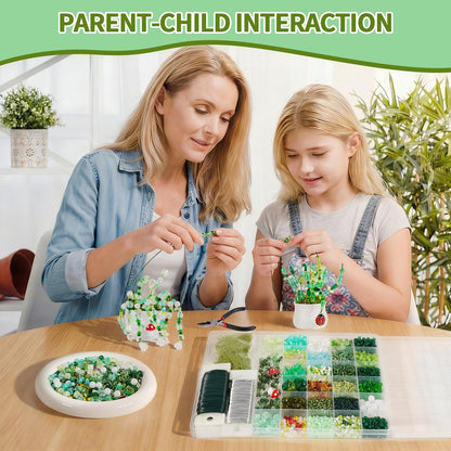 5422 PCS Beaded Plant Kit - Forever Plant Making Set with Green Glass Beads, Floral Wire, Leaf Charms, 2 Mini Pots & Storage Box - DIY Craft Kit for Adults, Gift for Plant Lovers