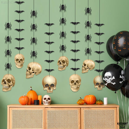 KatchOn, Glitter Skull Garland for Halloween - Pack of 8 | Black Hanging Halloween Decorations | Skull Garland, Glitter Spider