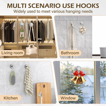 Ninth Five Suction Cup Hooks for Shower, Bathroom Wall Door Hooks for Towels, Robes, Loofahs Hanging, Removable Suction Towel Hook for Tile Glass Mirror, No Drill(4 Pack, Silver)