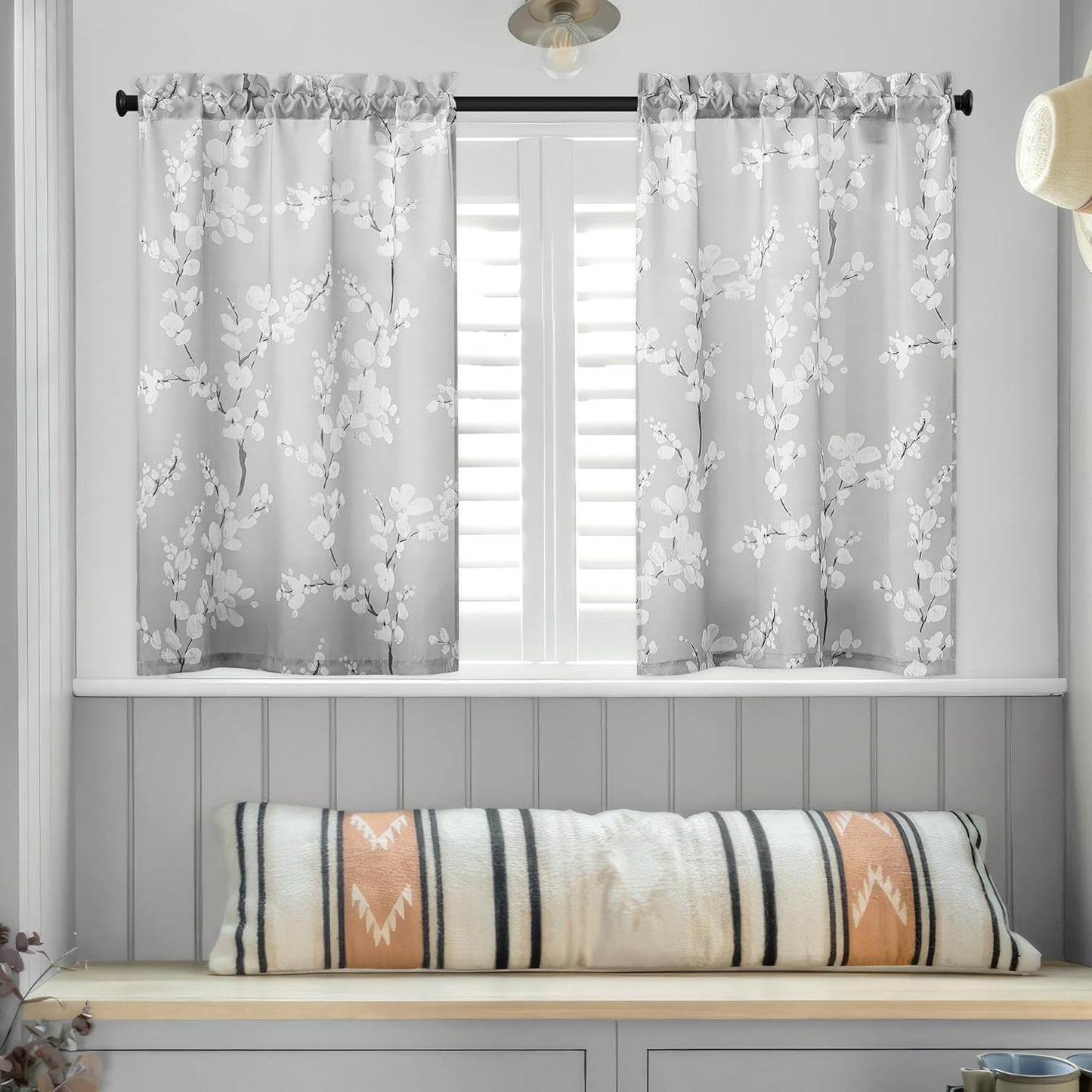 FMFUNCTEX Gray White Floral Printed Bathroom Tier Curtains, 36 Inches Long, 2 Panels Set for Kitchen, Living Room,