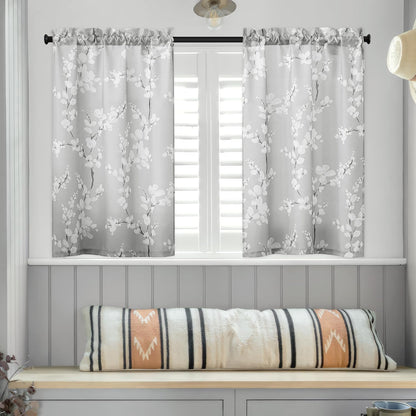 FMFUNCTEX Gray White Floral Printed Bathroom Tier Curtains, 36 Inches Long, 2 Panels Set for Kitchen, Living Room,