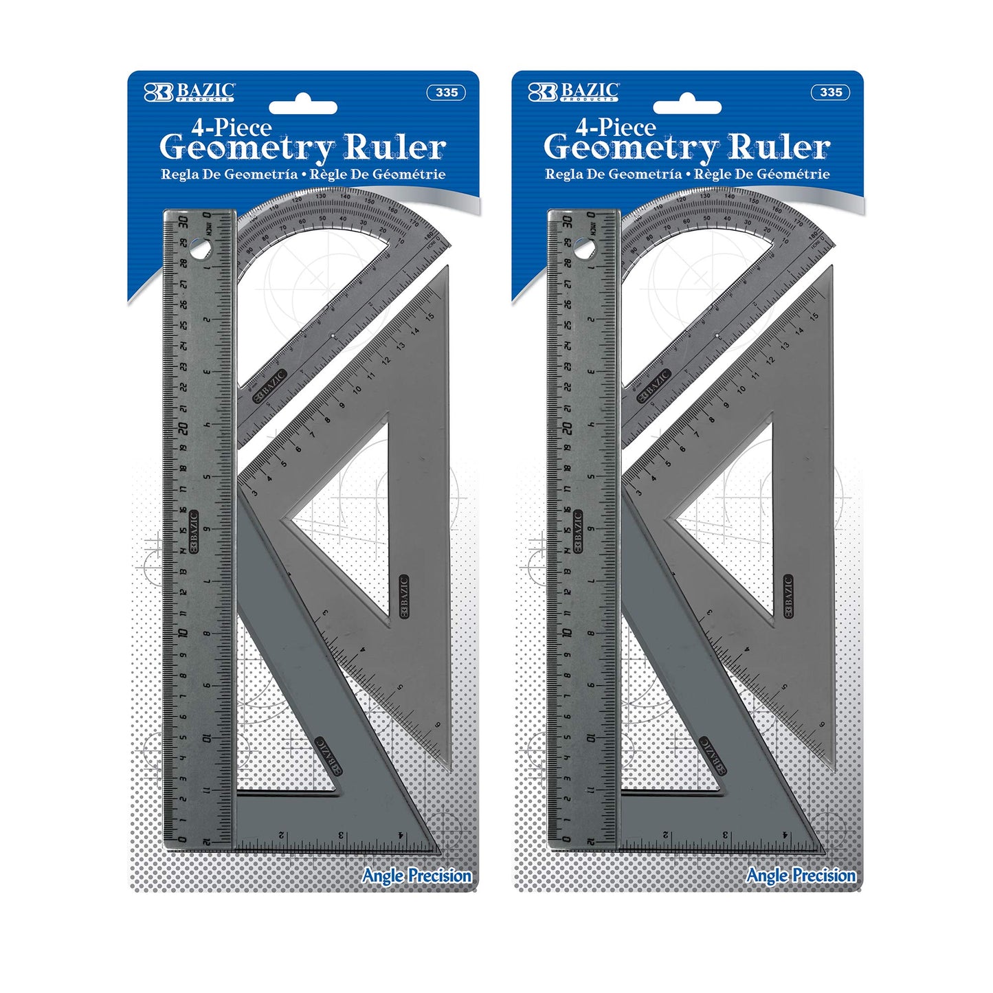 BAZIC Products 4-Piece Geometry Ruler Combination Sets, for School Math Office, 2 Pack