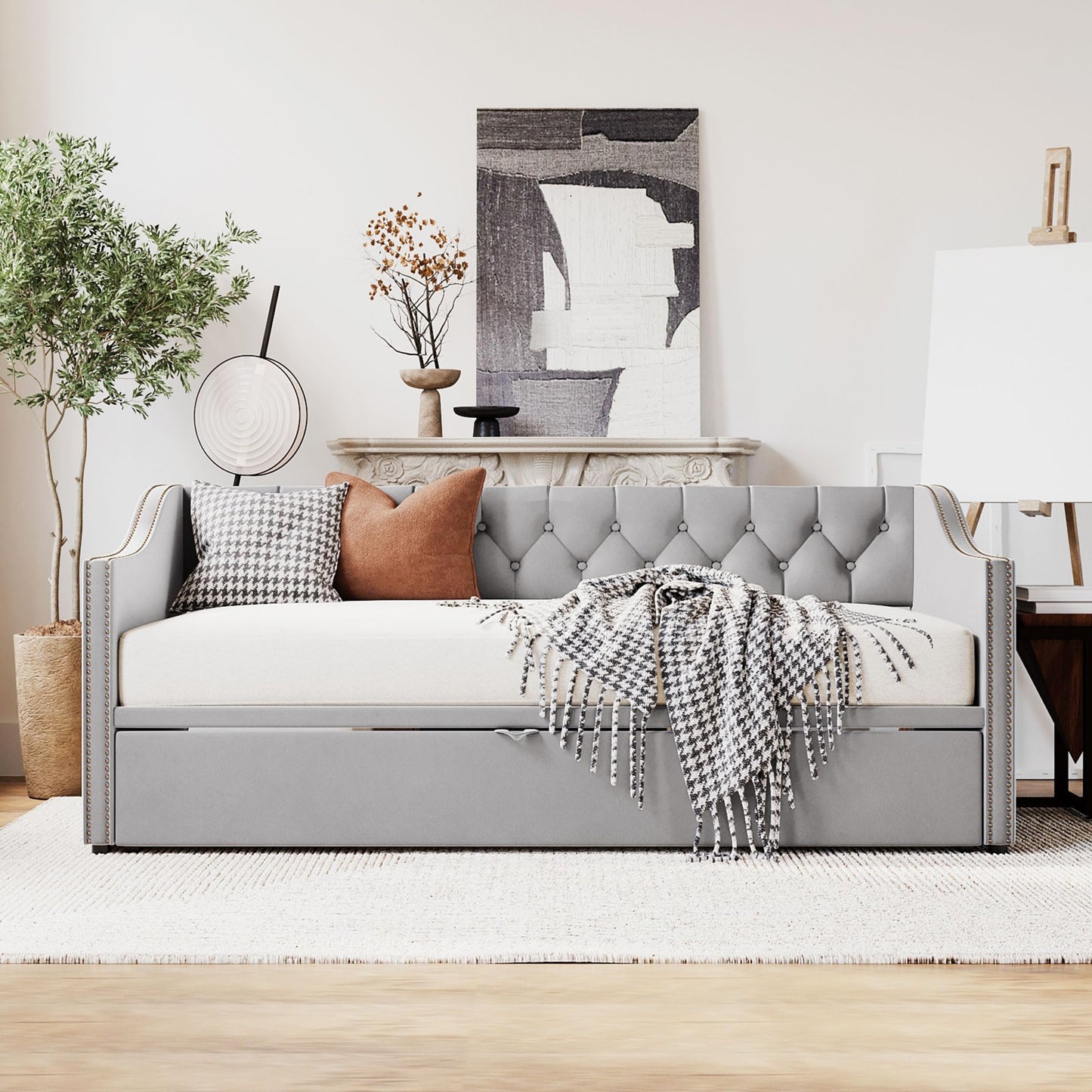 Merax Twin Size Upholstered Velvet Daybed with Pop Up Trundle, Multi-Functional Sofa Bed with Backrest and Two Armrest for Guest, Living Room, Gray
