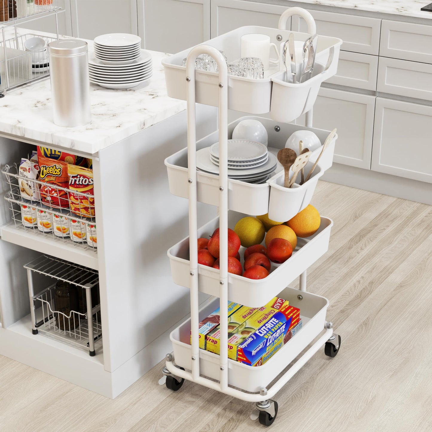 Simple Houseware 4-Tier Multifunctional Rolling Utility Cart with Hanging Buckets, White