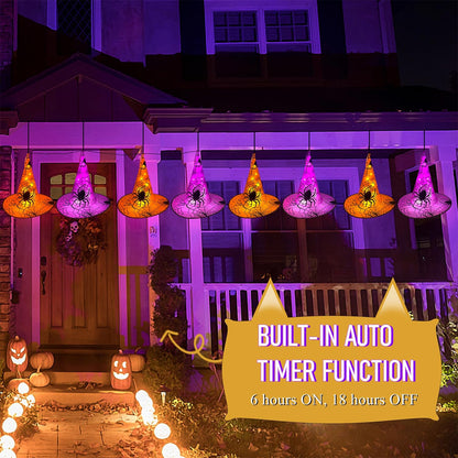 WATERGLIDE 2Pack Halloween Decorations, 8Pcs Each Lighted Hanging Witch Hats, Remote Control with 8 Modes Light Up 14 FT Halloween String Lights, for Indoor Outdoor Yard, Lawn, Graveyard Scenes Party