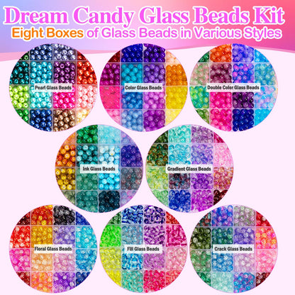 XSEINO 192 Colors 4800pcs 8mm Dream Candy Colorful Series Glass Beads Bracelet Making Kit,8 Box Different Unique Styles Crystal Bead for Making and DIY Crafts
