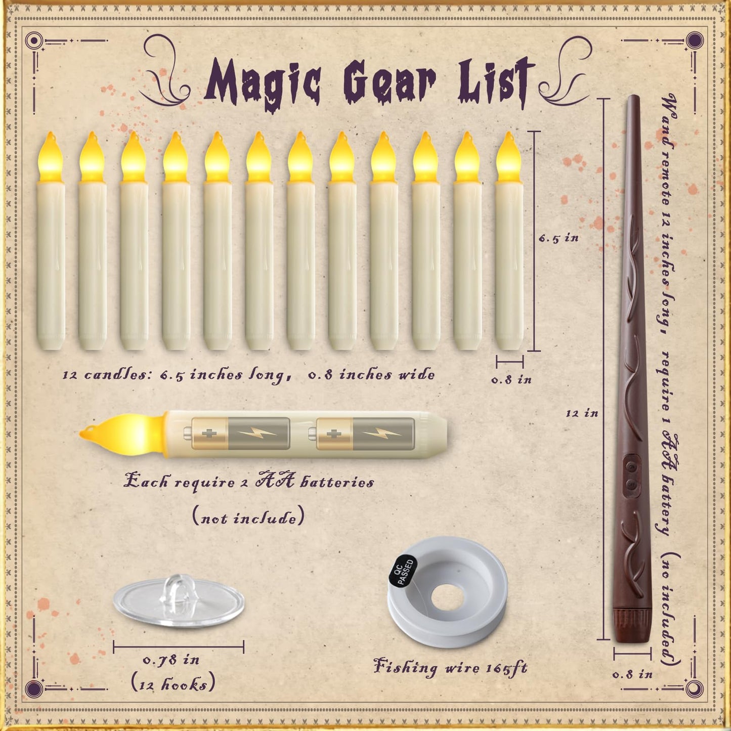 Homemory Floating Candle with Wand Remote, 12 Pcs Magical Candlesticks Witch Decors, Warm Yellow Flameless Taper Candles Battery Operated, LED Window Candle for Halloween Party Decor