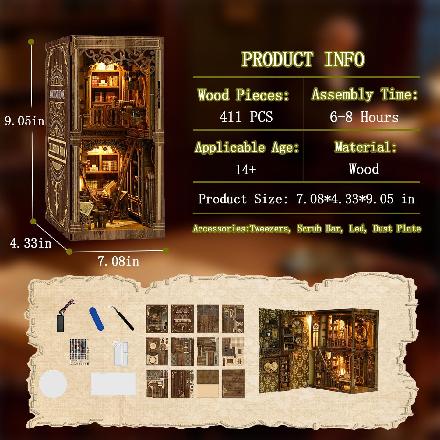 Book Nook Kit - DIY Miniature House Kit for Adults and Teens, 3D Wooden Puzzle Book Nook Craft Bookshelf Decor, Gifts for Birthday Father's Day, Ancient Books Collection Room