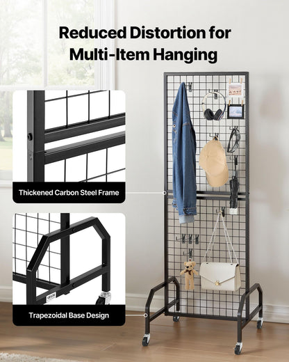 VEVOR Grid Wall Panel, 1.9 x 5.4 ft Wire Grid Panels Display Rack, Movable Art Display Shelf with Wheels and 10 Hooks, Black Carbon Steel Gridwall for Craft Show, Decoration, Storage, Notice Board