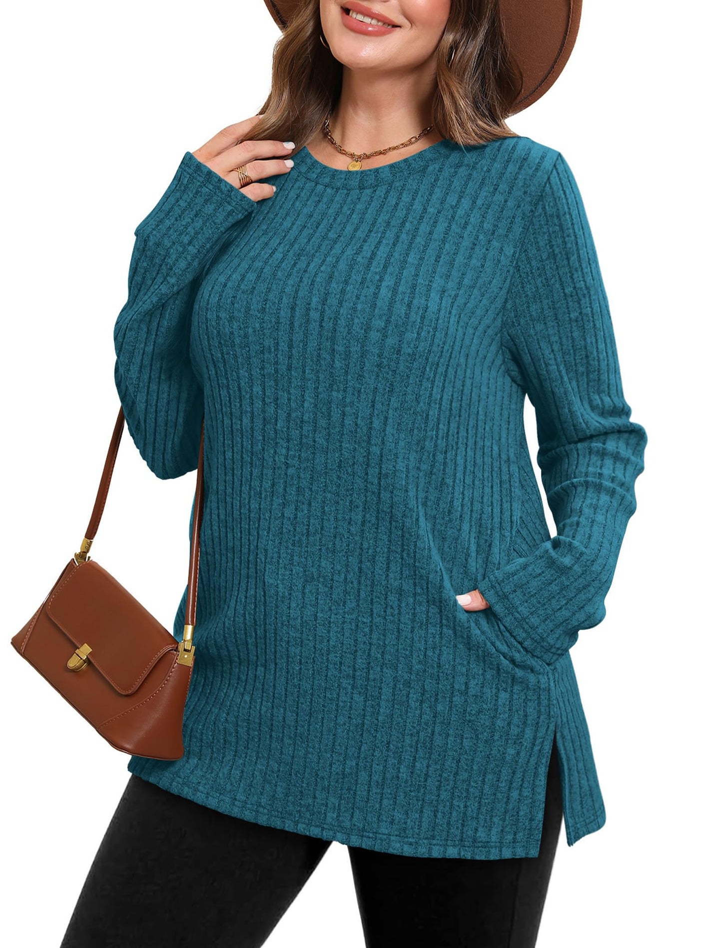 SAMPEEL Womens Sweaters Crewneck Long Sleeve Shirts with Pockets Fall Outfits 2025 Fashion Winter Clothing Side Slit