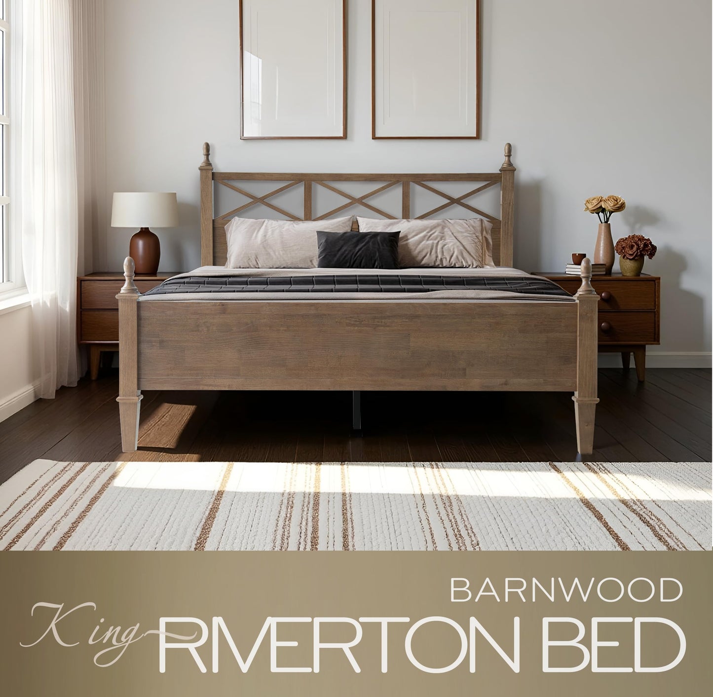 King Size Solid Wood Bed Frame, Platform Bed with Headboard & Footboard, 12 Heavy-Duty Slatted Base with Metal Legs, No Box Spring Needed, Noise-Free & Anti-Slip, Easy Assembly, Barnwood Finish RIK-30