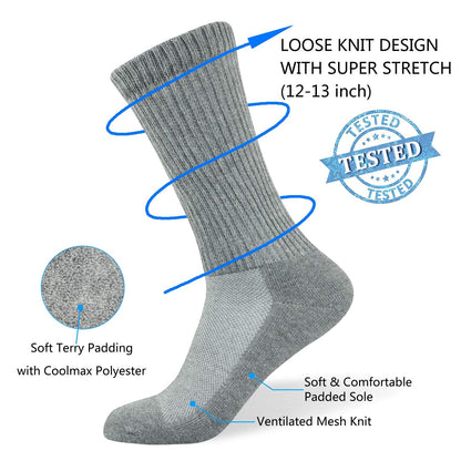 Well Knitting Diabetic Socks for Men & Women, Coolmax Medical Circulation Crew Mid Calf Socks with Seamless Toe, Non-Binding Top, and Padded Sole, 4 Pairs (Grey,L)