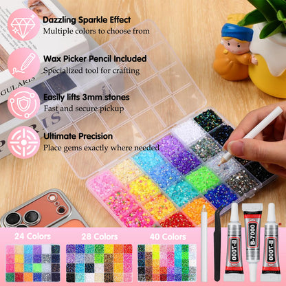 3mm Colorful DIY Resin Rhinestone Kit for Bedazzling, Multicolor Flatback Gems, 3Pcs 10ml B7000 Jewelry Glue for Bedazzled Nail Art Clothing Shoes Nail Book Diamond Art (32000)