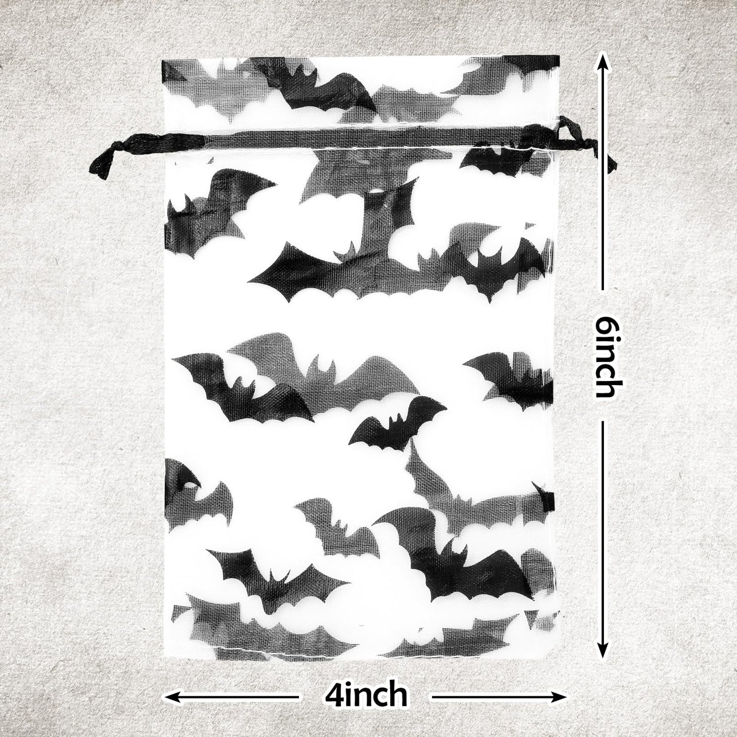 JarThenaAMCS 100Pcs Halloween Organza Bags Black Bat Drawstring Mesh Gift Bags Jewelry Pouch Bag for Holiday Birthday Party Supplies, 4 x 6 Inch