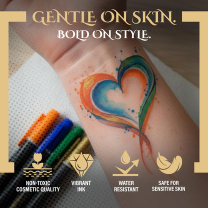 Tattoo Pen Kit for Skin – 10 Temporary Tattoo Markers with Dual Tips & 20 Stencils, Body-Safe Ink for Face, Hands & Arms – Fun Body Art Pens for Kids, Teens, Parties, Festivals & Costume Design