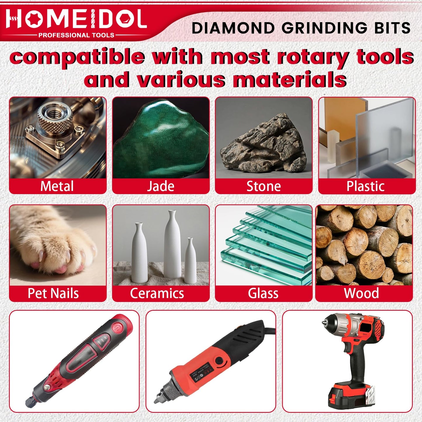 51Pcs Diamond Bits for Dremel Tool Accessories, HOMEIDOL Polishing Kits, 1" Radial Bristle Disc with 3/32", 1/8" Shank Rotary Tool Bits Diamond Grinding Bits for Stone Ceramics Metal Sanding