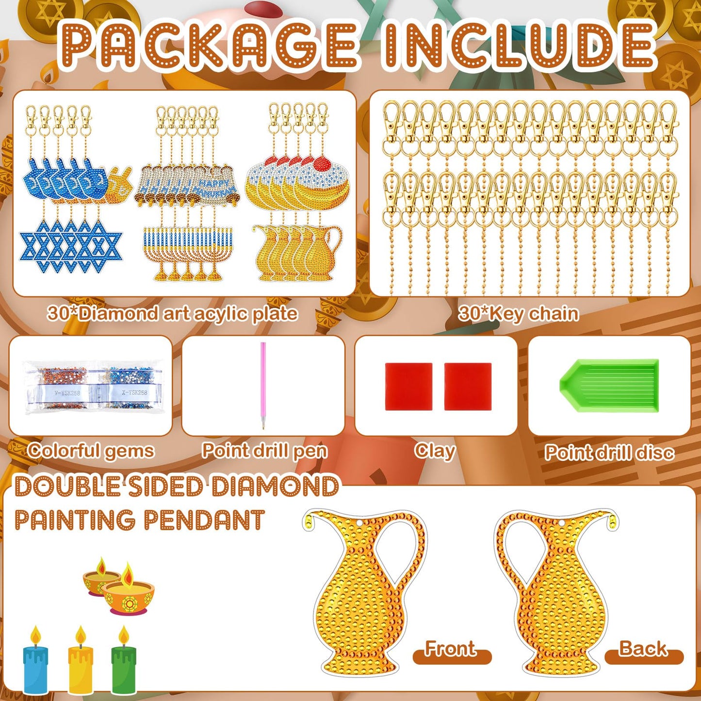 DEEKIN 30 Pcs Hanukkah Diamond Painting Keychains Hanukkah Crafts Ornaments Keychains Double Sided 5D Star Menorah Diamond Key Rings for Hanukkah DIY Birthday Party Supplies Favors