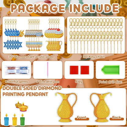 DEEKIN 30 Pcs Hanukkah Diamond Painting Keychains Hanukkah Crafts Ornaments Keychains Double Sided 5D Star Menorah Diamond Key Rings for Hanukkah DIY Birthday Party Supplies Favors