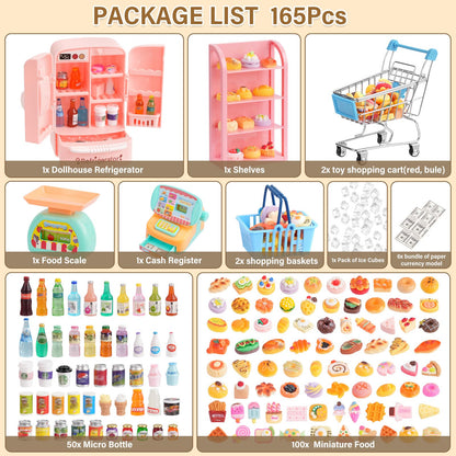 165Pcs Mini Shopping Cart Basket Miniature Food Drink Toy Supermarket Metal Handcart Shelves Cash Register Fridge Food Scale Trolley Dollhouse Store Grocery Accessories Kitchen Play Game Party Model