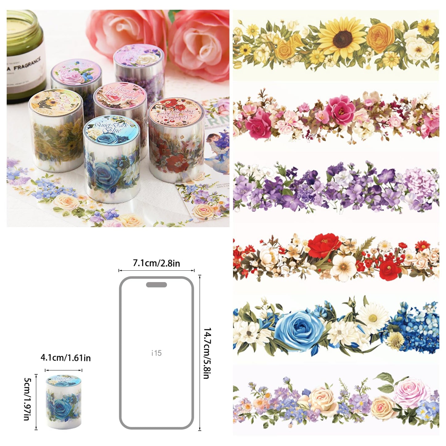 DAPUTOU 6 Rolls PET Washi Tape 50mm Wide Flowers Transparent Ephemera Light Decorative Aesthetic Floral Stickers Set for Junk Journaling, Scrapbook Supplies, Crafting, DIY Projects