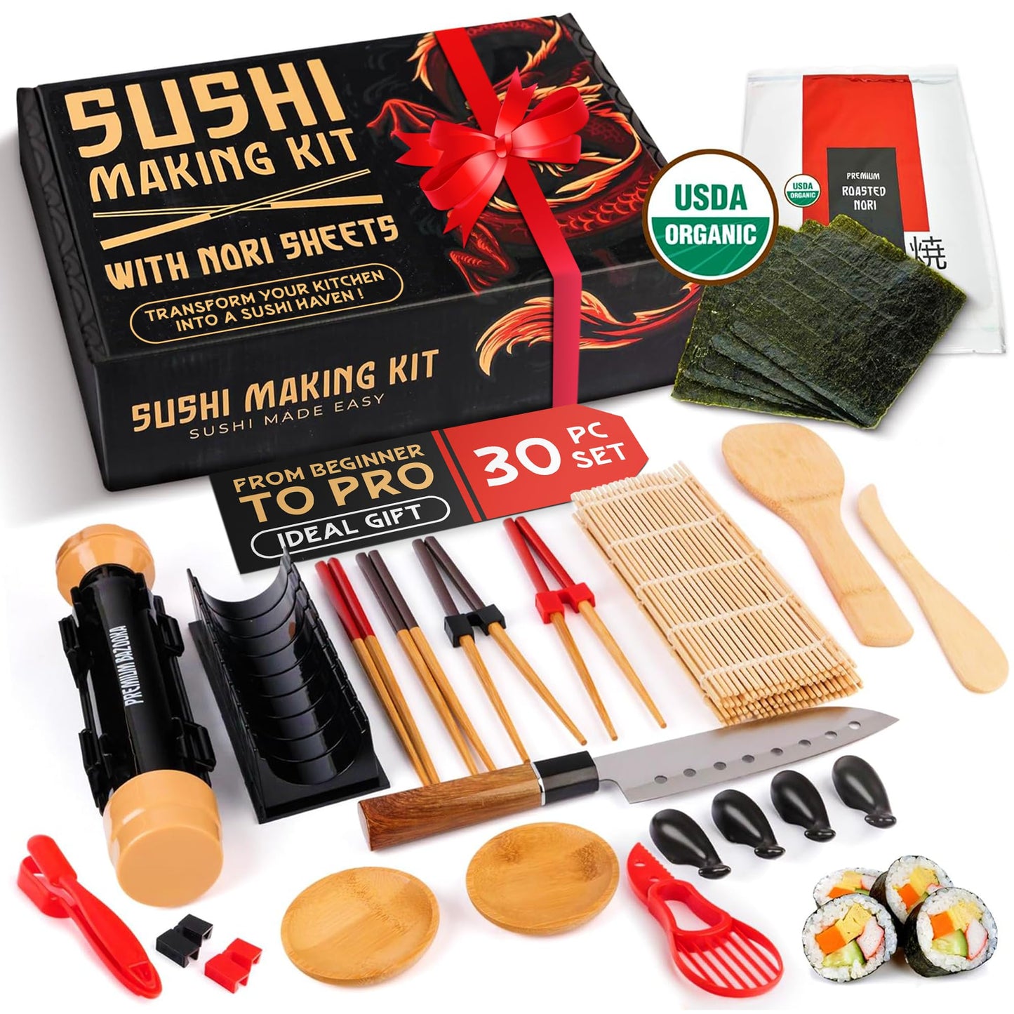 30 Pcs Sushi Making Kit – Sushi Bazooka Maker Kit with Nori Sheets for Sushi, Bamboo Rolling Mat, Easy DIY Roller Set for Beginners at Home, USDA Organic