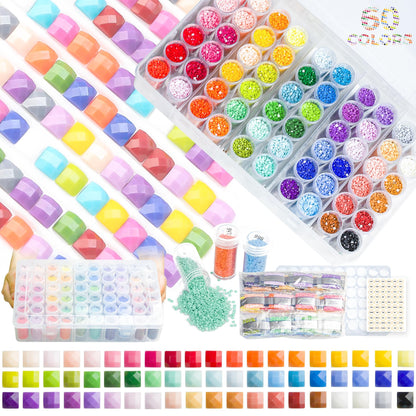Resin Square Diamond Beads 90000pcs With Storage Containers for Painting Kits, 60 Colors Drills and Art Tools - Diamond Painting Accessories