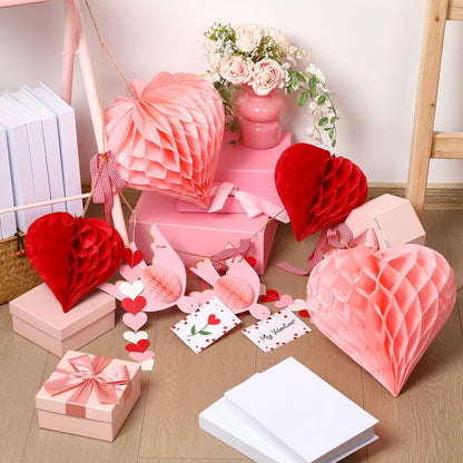 Harloon Valentines Day Garland Pink Heart Honeycomb Ball 3D Lovebird Garland Decor with Red Check Bow Romantic Pom Poms Hanging Banner for Galentines Party Wedding Engagement Birthday Home Wall Decor