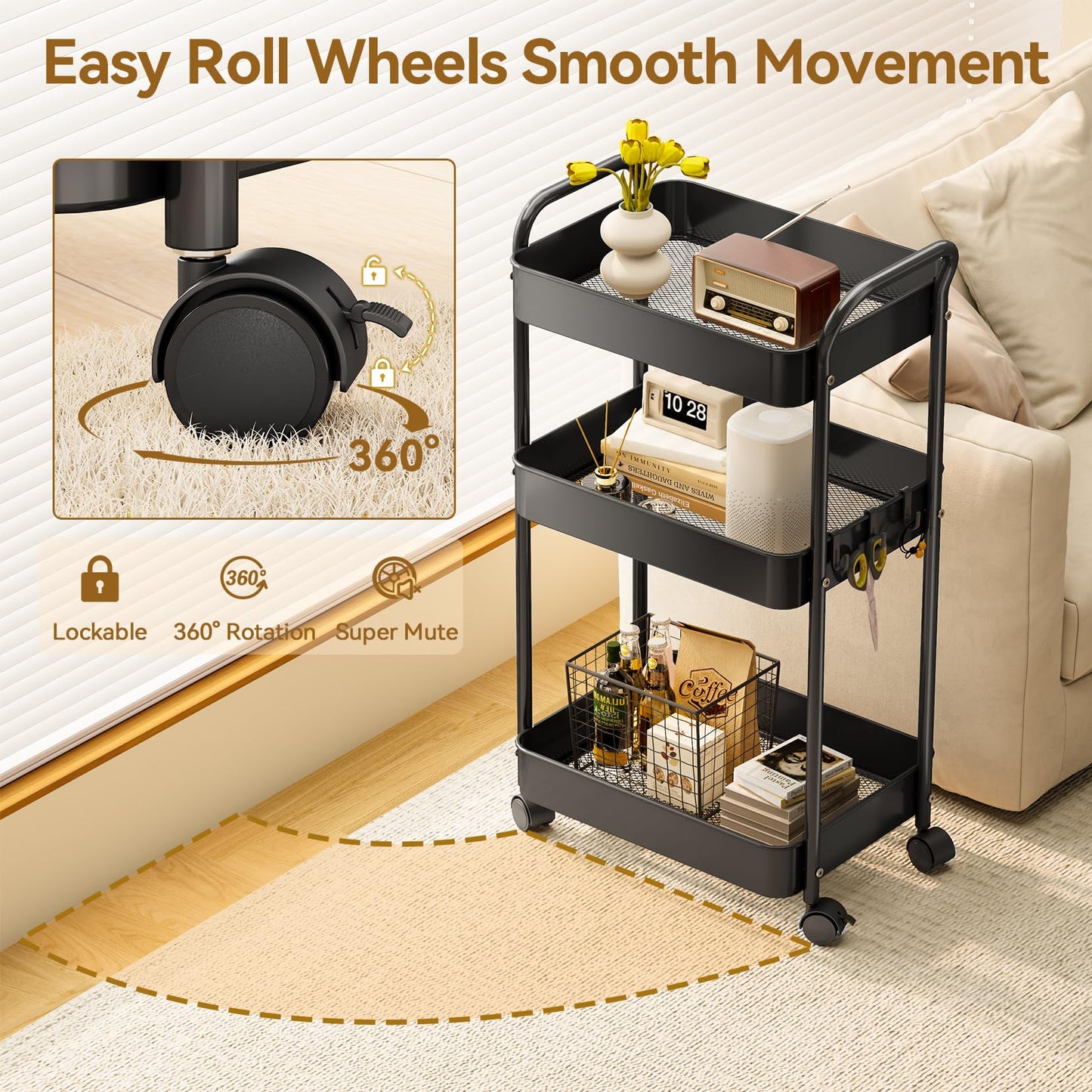 YASONIC 3-Tier Metal Rolling Cart, Sturdy Storage Utility Carts with Wheels, Multifunction Craft Art Organizer for Bedroom, Laundry, Garage, Office, Nursery, Bathroom, Easy Assembly (Black)