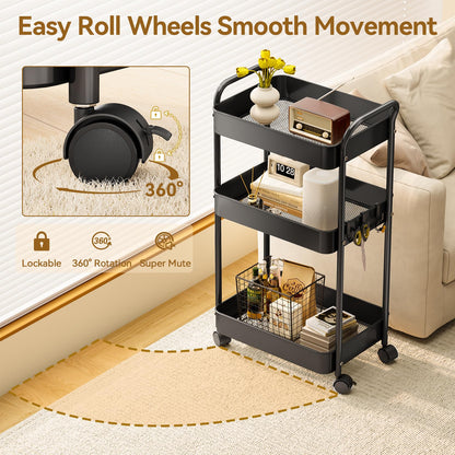YASONIC 3-Tier Metal Rolling Cart, Sturdy Storage Utility Carts with Wheels, Multifunction Craft Art Organizer for Bedroom, Laundry, Garage, Office, Nursery, Bathroom, Easy Assembly (Black)