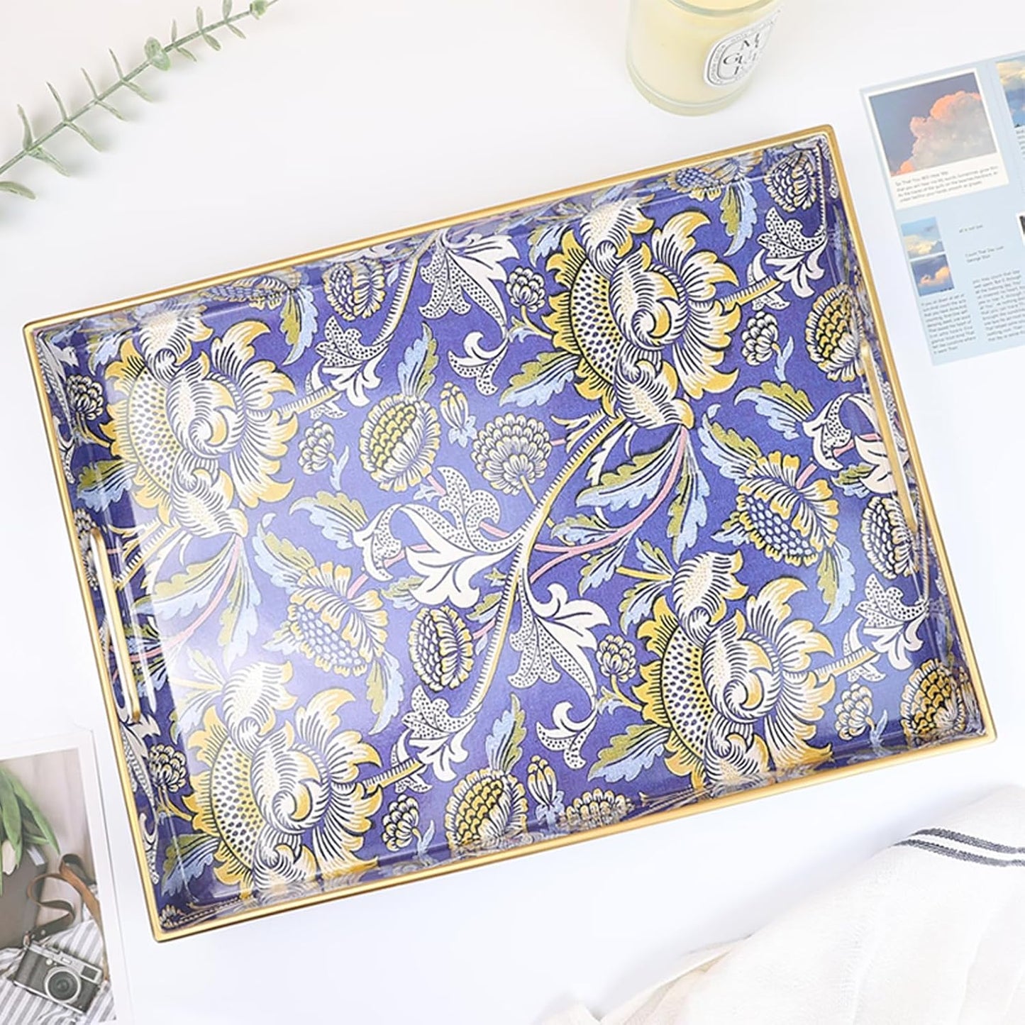 12"*16"*1.6", Rectangle Plastic Serving Tray with Handles, Elegant Decorative Tray for Coffee Table, Ottoman, Living
