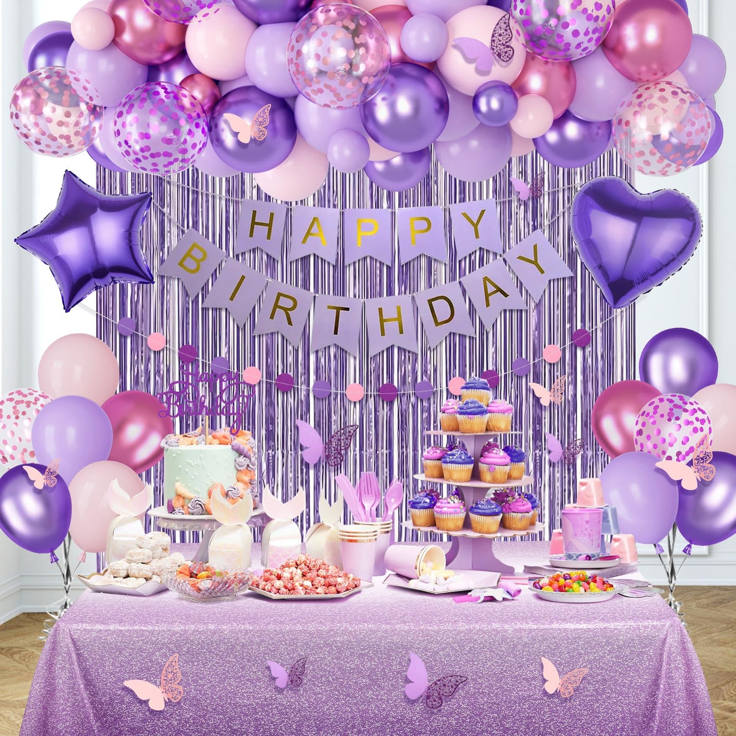 Amandir Purple Birthday Decorations for Women, Pastel Pink and Purple Balloons Foil Table Cloth Sash Crown Fringe Curtains Happy Birthday Banner Circle Garland Butterfly Cake Topper Party Supplies