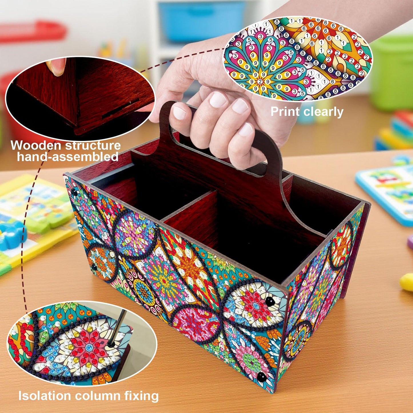 Xylzzuit Diamond Art Painting Multi-grid Storage Box with Handle Wooden DIY Assembly Tabletop Makeup Brushes Pens Desktop Craft Organizer Living Room Office Home (Mandala)