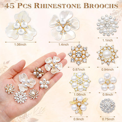 Sureio 45 Pcs White Pearl Rhinestone Brooch Pin Set Crystal Flower Brooches Faux Pearl Embellishments Women Jewelry Wedding Jewelry Making Crafts Bags Shoes Accessory Gift