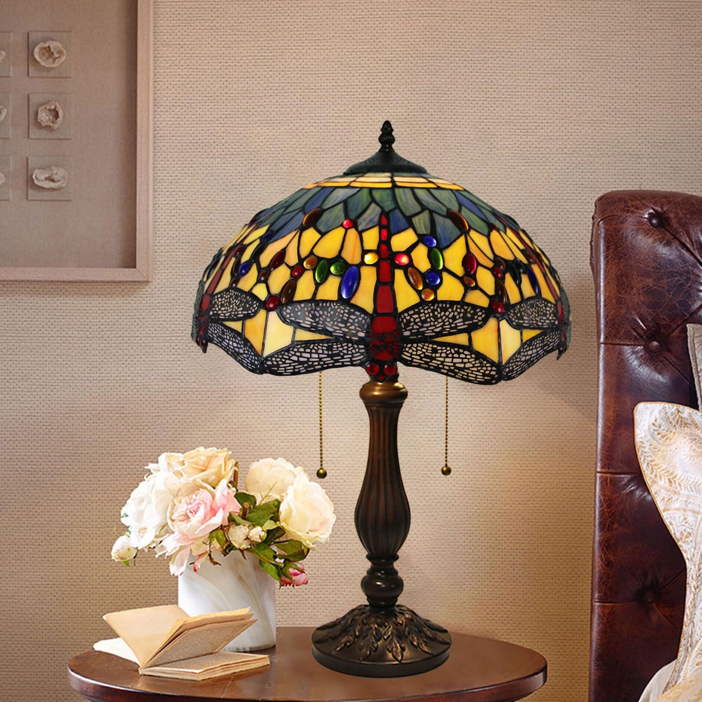 Dragonfly Style Stained Glass Lamp Shade Replacement Only 16X8 Inch Tiffany Lampshades Vintage Handmade Sea Blue Yellow Red Light Cover for Table Lamp Pendant Light Floor Lamp,Red