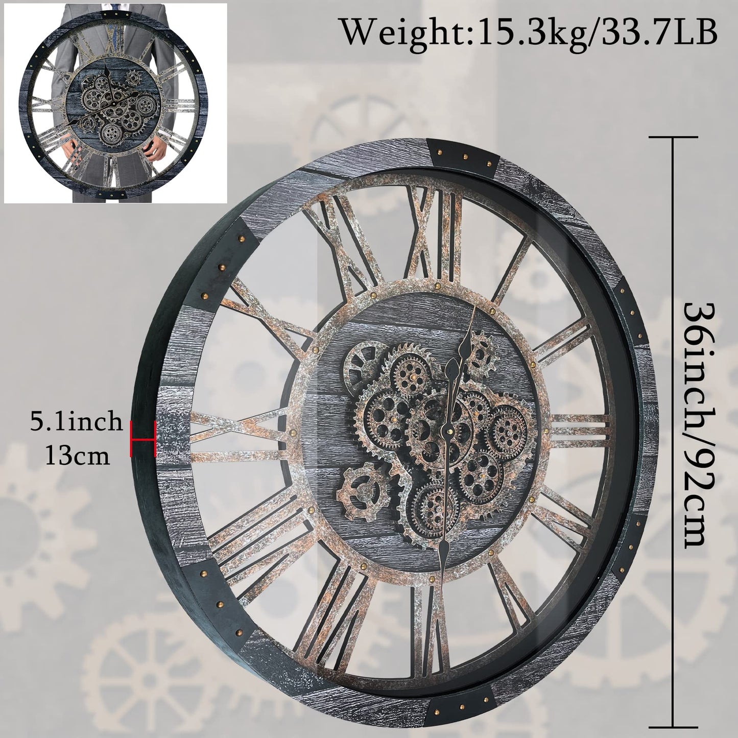 TOPPTIK 36 Inch Moving Gear Wall Clock, Oversized Wall Clocks, Clock Living Room Decor, Solid Wood Frame, Battery Operated, Large Wall Clock with Steampunk Industrial for Fireplace(Gray)