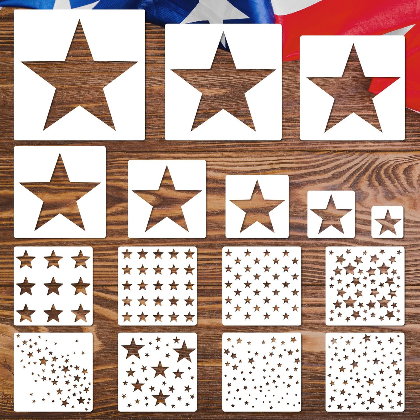 JarThenaAMCS 16Pcs Star Shape Stencils Patriotic Star Templates Stencils Reusable Plastic Drawing Painting Template for 250th Anniversary 4th of July Independence Day DIY Art Craft Painting on Wood