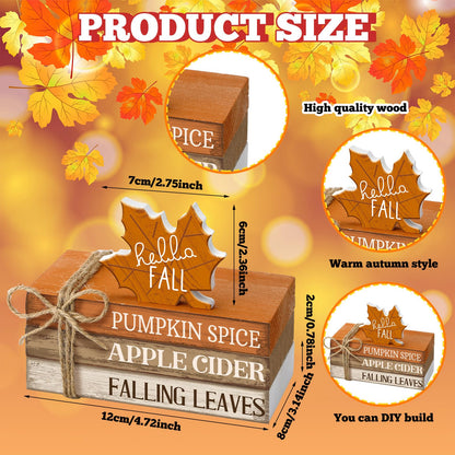 FairySandy 4 Pcs Thanksgiving Decorations for Home Fall Tiered Tray Decor Wood Book Stack with Sign Autumn Stacked Book Decor Bundle for Office Table Shelf Decorative Trays(Maple Leaf)