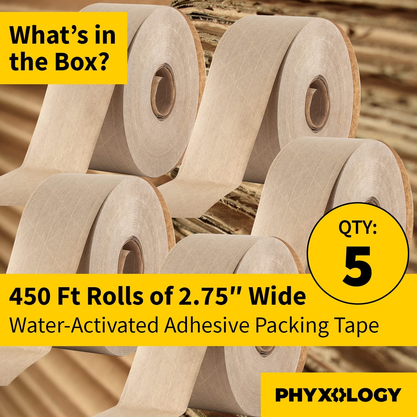 Ultra Durable Water-Activated Tape for Secure Packing 5Pk. 2.75In, 450Ft Brown Kraft Gum Tape Provides Heavy Duty Adhesive for Packaging and Shipping. Fiberglass Reinforced for Extra Strong Bond.