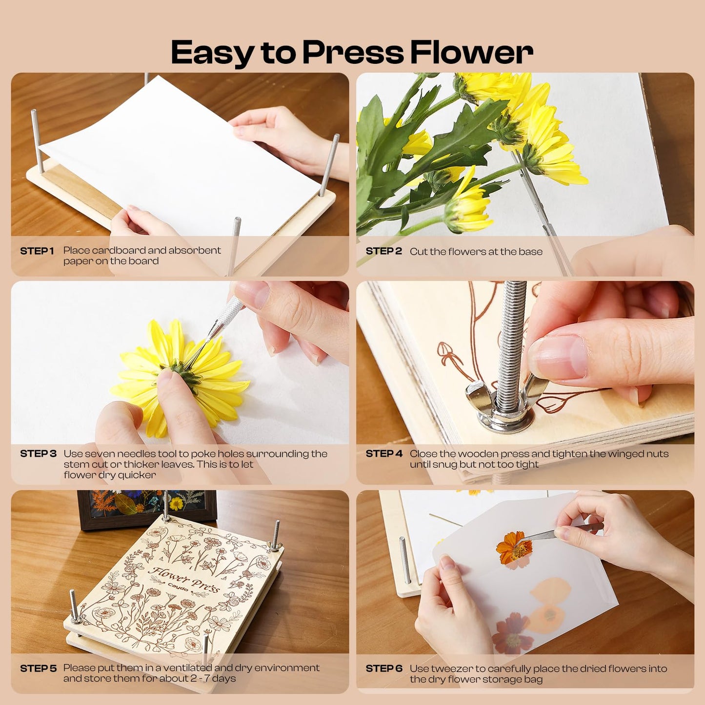 Caydo 11.8" x 8.3" 10 Layers Flower Press Kit for DIY Bookmark Pressed Flower Frame, Wooden Pressed Flower Kit & Plant Press for Adults, Bouquet Flower Preservation Kit, Ideal Gift for Craft Lovers