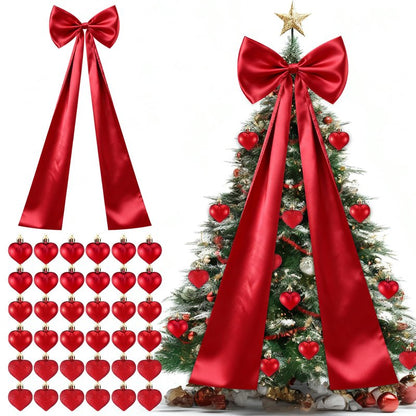 CraftyDream Valentine's Day Tree Topper Giant Bow Decor Satin 47.2 Inch with 36 Pcs Heart Ornaments Romantic Tree Decorations Ribbon Topper Bow Large Outdoor for Home Valentine's Hanging Decor(Red)