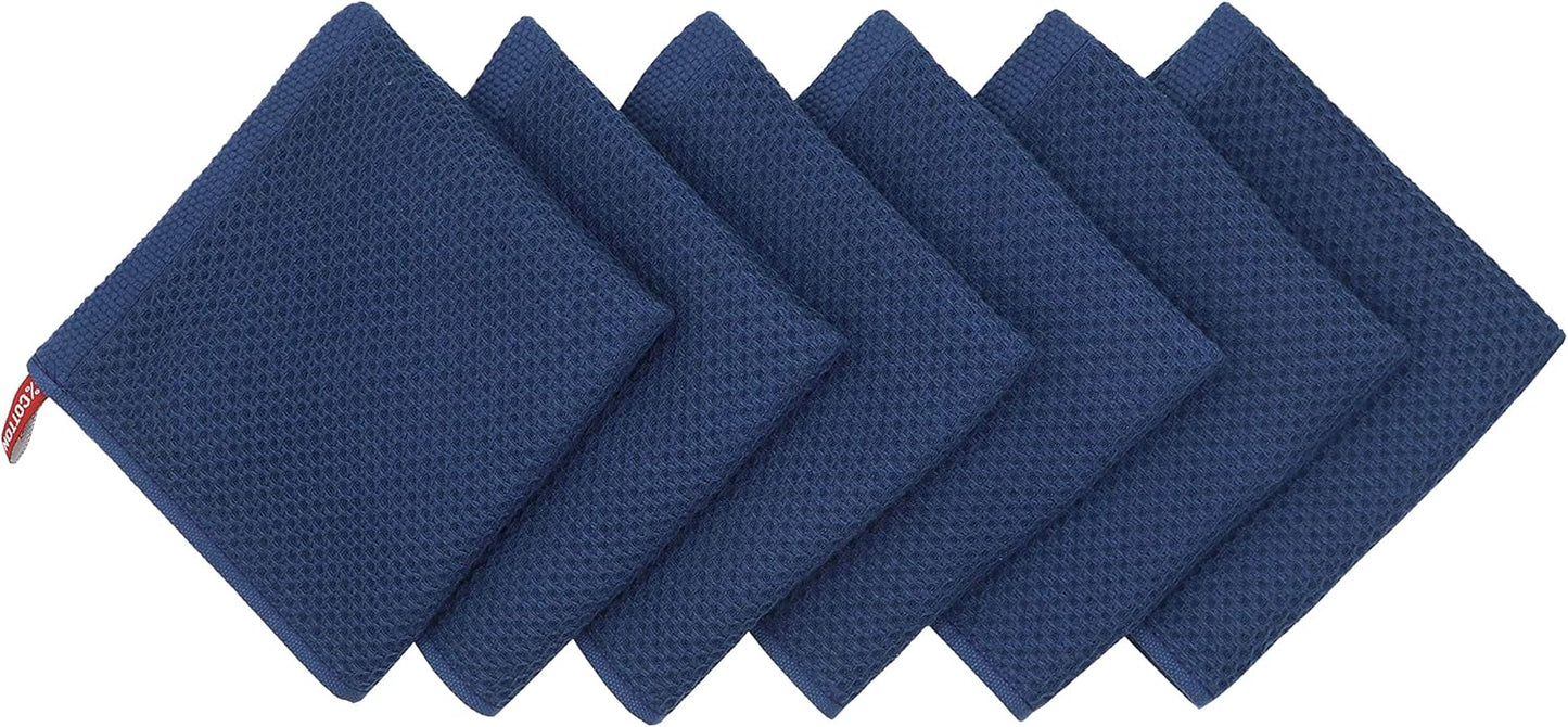 Mia'sDream 6 Pack Natural Cotton Dish Towels, Soft Absorbent Waffle Weave Kitchen Cloths, 12"x12", Navy Blue
