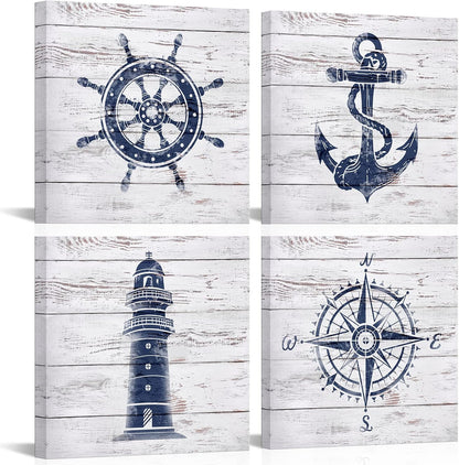 LoveHouse Nautical Canvas Wall Art Nautical Bathroom Decor Navy and White Lighthouse Decor Boat Anchor Compass Painting
