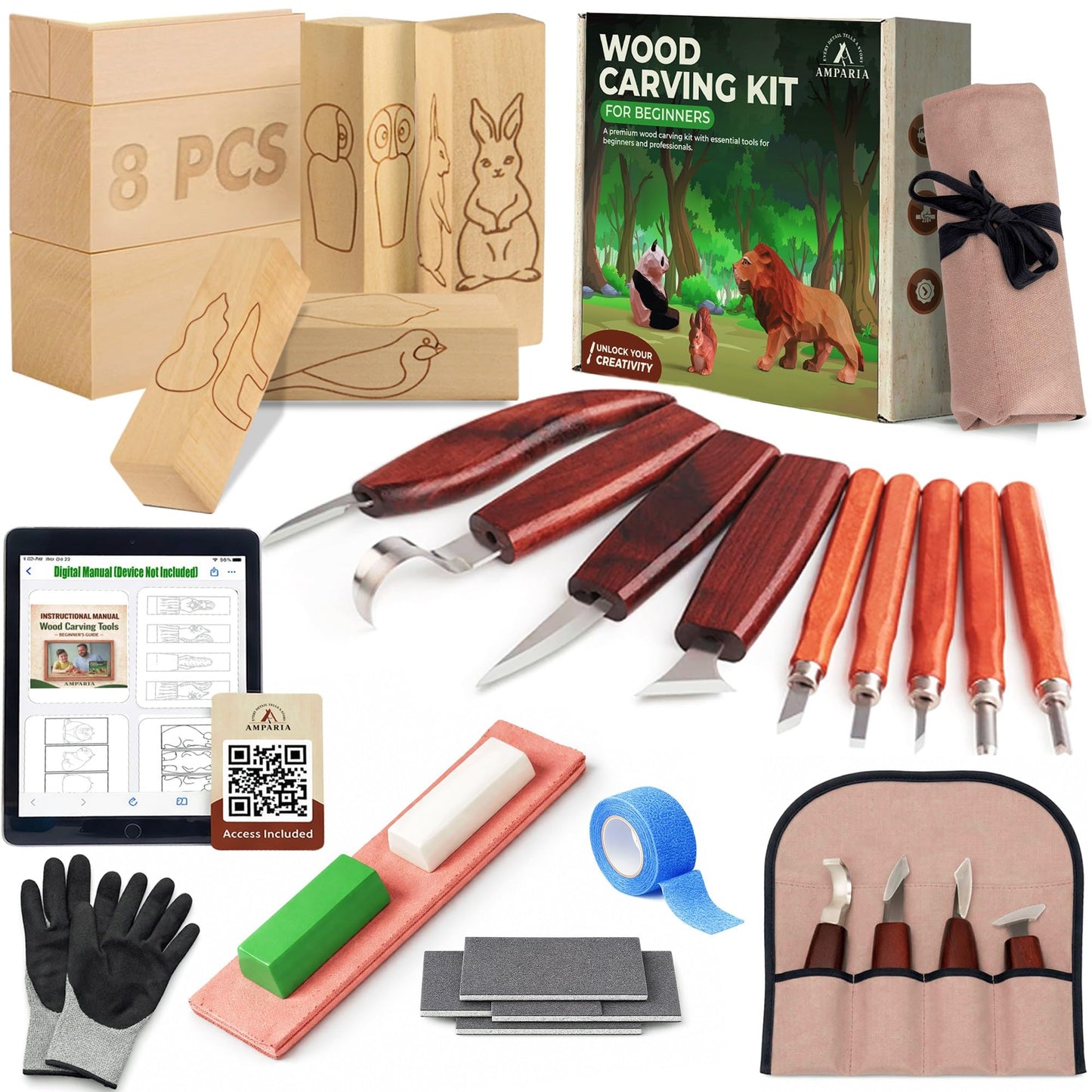 Wood Carving Kit – 29Pcs Whittling Knife Set with 9 Knives, Basswood Blocks w/Carved Guides, Safety Gloves, Whetstone, Stropping Leather & Roll Bag – AMPARIA Premium Tools for Beginner & Professional