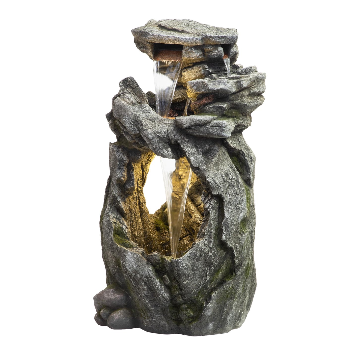 Alpine Corporation 41" Tall Outdoor Cascading Rainforest Rock Waterfall Floor Fountain with LED for Gardens, Patios, and Yards, Brown