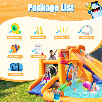Inflatable Bounce House, Triple Water Slide for Kids with Double Cannon, Climbing Wall, Jumping, Splash Pool, Basketball Hoop for Outdoor Backyard Party, 10 in 1 Giant Castle Included 550W Air Blower