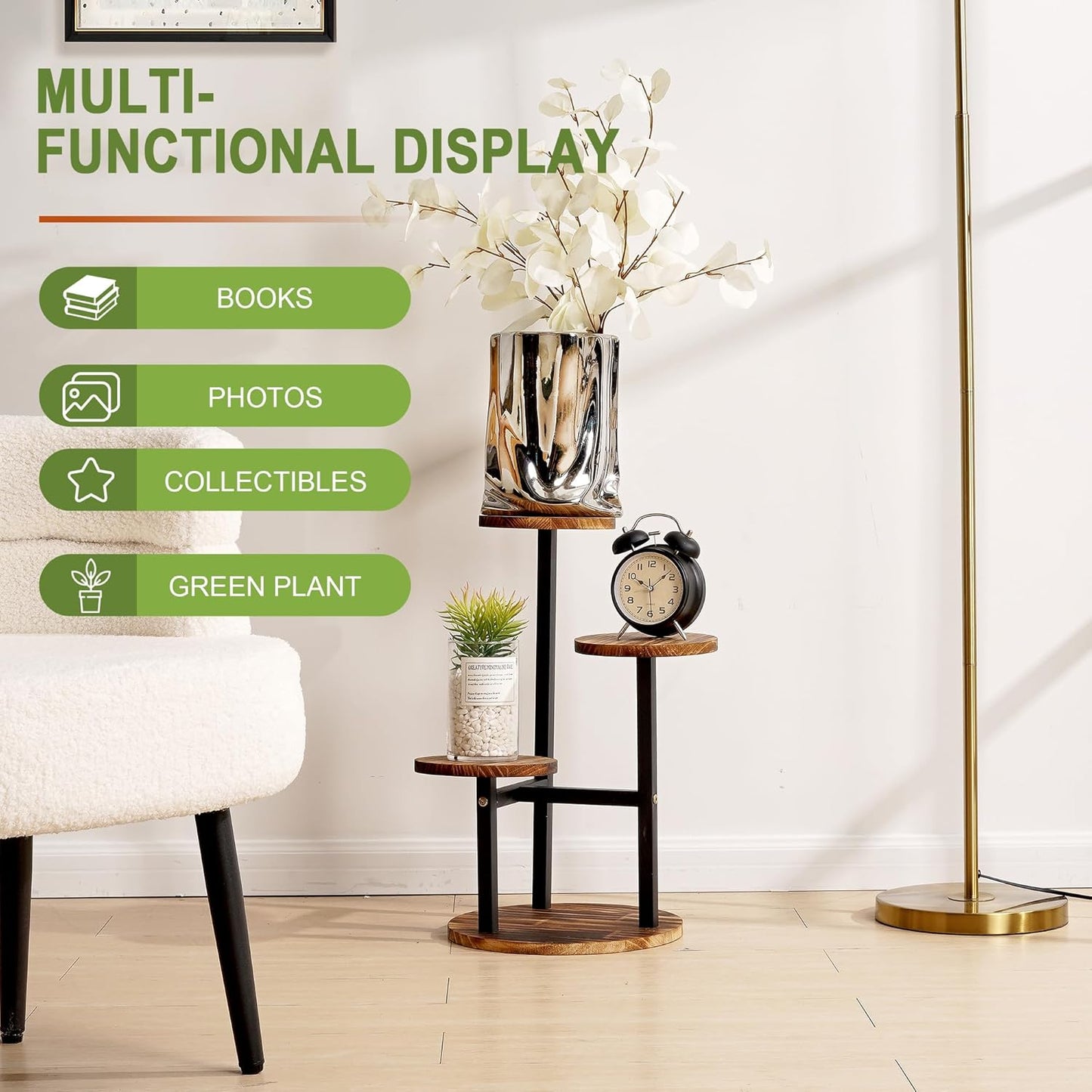 3 VECELO Tier Plant Stand Indoor Outdoor, Tall Metal Wood Flower Shelf for Multiple Plants, Small Tiered Round Corner