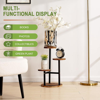 3 VECELO Tier Plant Stand Indoor Outdoor, Tall Metal Wood Flower Shelf for Multiple Plants, Small Tiered Round Corner