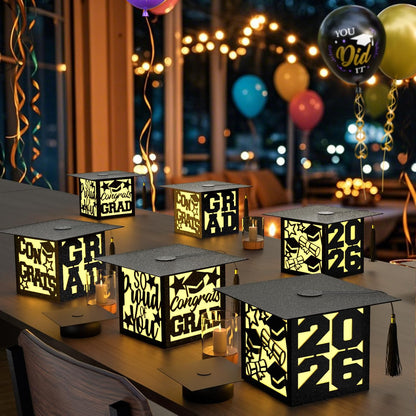 12 2026 Pcs Graduation Table Centerpieces Boxes Class of Black Square Graduation Paper Lanterns with String Lights
