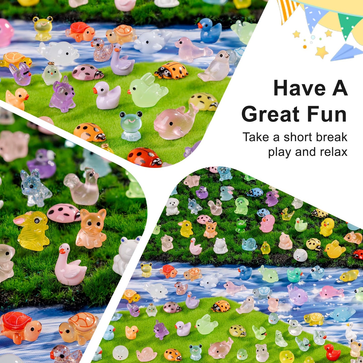 200 pcs Luminous Mini Resin Animals Many Styles Variety Tiny Animals Figures Miniature Little Small Animal Figurines Bulk for Micro Fairy Garden Landscape Accessories Hide Crafts Decor Aquarium